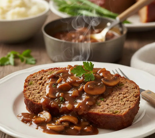 Classic American Meatloaf with Onion Mushroom Gravy