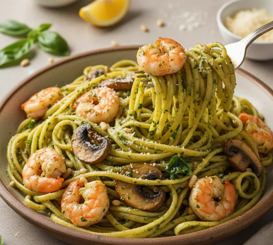Pesto Shrimp and Mushroom Pasta
