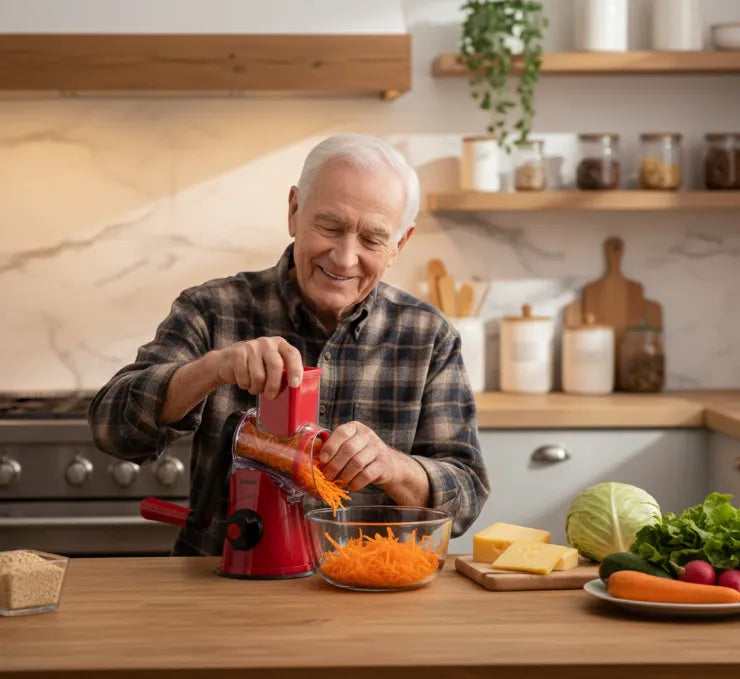Senior-Friendly Kitchen Tool: This Rotary Cheese Grater Has a Wide Handle—Elderly Hands Shred Cheddar Easily, No Tight Gripping!