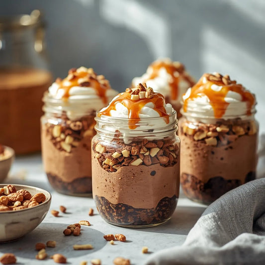 Layered chocolate and nut dessert jar with creamy mousse, caramel drizzle, and crunchy nuts on top, styled on a cozy kitchen counter.