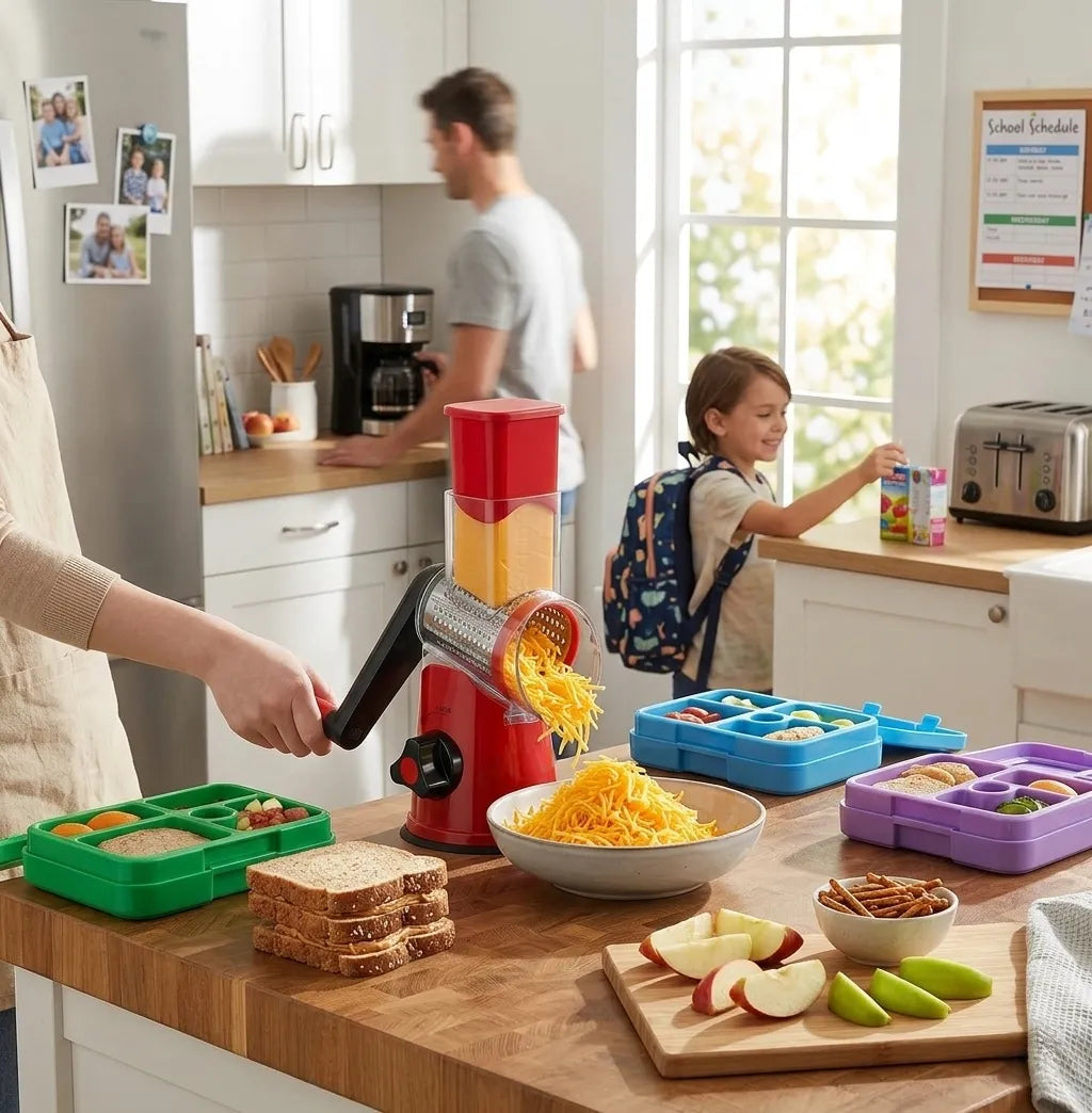 Bright kitchen with the red Geedel Rotary Cheese Grater, freshly shredded cheddar, and colorful lunchboxes during a busy back-to-school morning.
