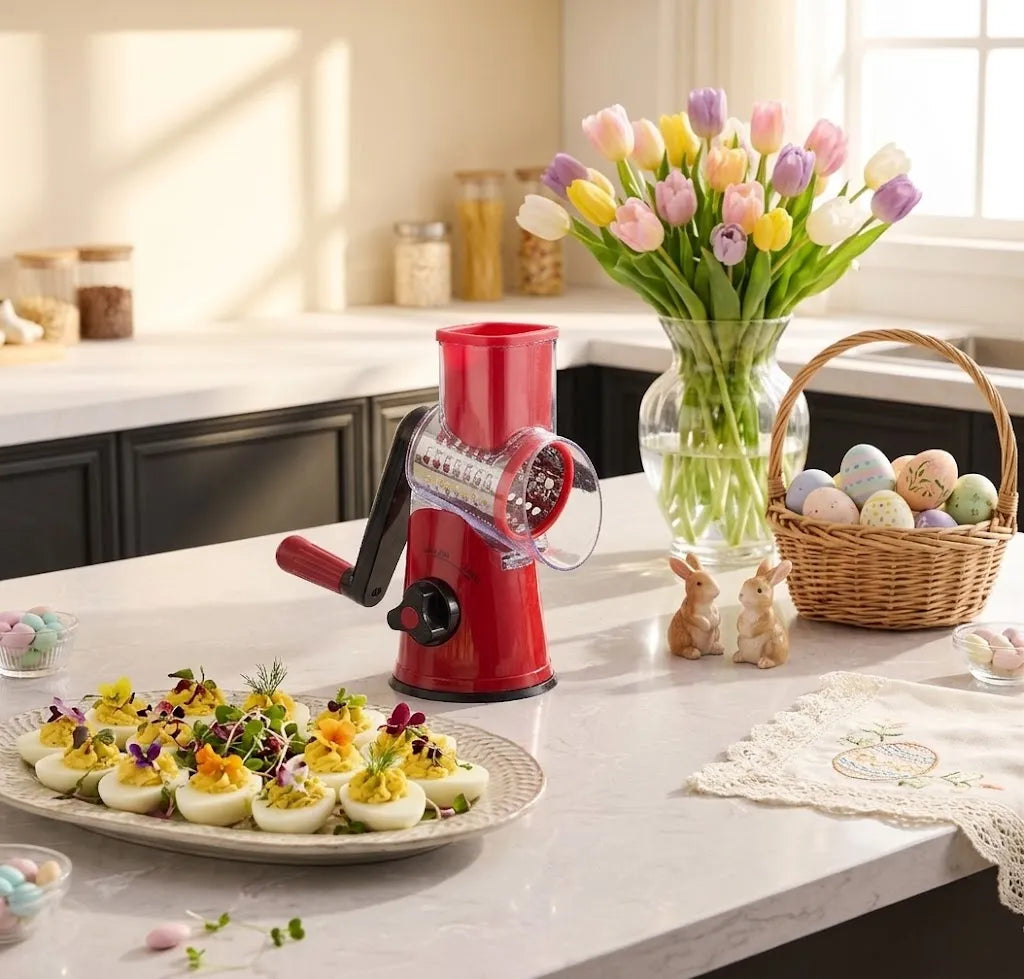 Sunlit American kitchen island with red Geedel Rotary Cheese Grater next to a platter of deviled eggs topped with microgreens, fresh tulips, and pastel Easter eggs for a festive spring brunch.