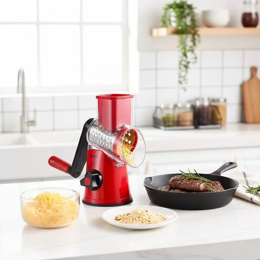 Modern kitchen island with Geedel Rotary Cheese Grater beside sizzling steak skillet, shredded cheddar bowl, and crushed almonds plate.