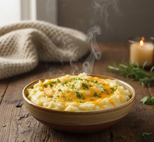 Cheesy garlic mashed potatoes topped with melted cheddar and herbs in a rustic bowl.