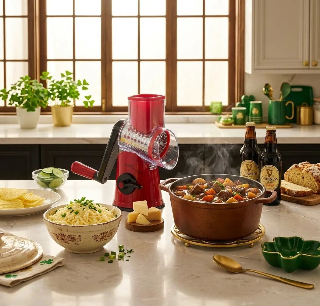 Warm kitchen island ready for St. Patrick's Day with Irish stew, freshly grated white cheddar, chives, and a red Geedel Rotary Cheese Grater on the counter in natural light.