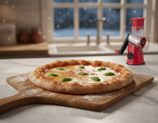 Cozy snowy kitchen with rustic pizza, bubbling mozzarella, basil, and vibrant red Geedel Rotary Cheese Grater beside cheddar and flour.