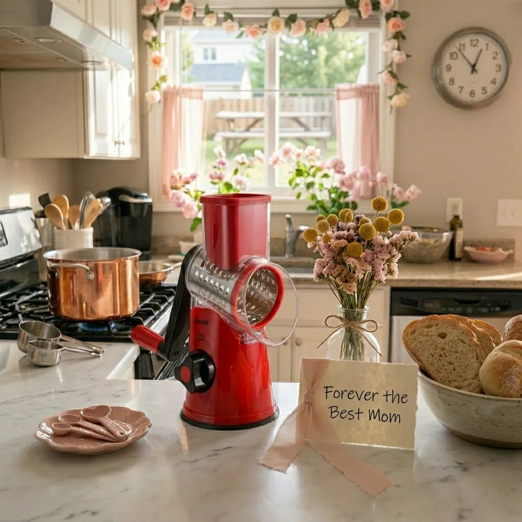 A Geedel Rotary Cheese Grater on a marble countertop in a sunlit kitchen, with pasta, flowers, and a “Best Mom Ever” card for Mother’s Day.