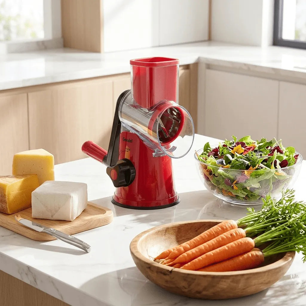 Geedel Rotary Cheese Grater on a bright modern kitchen island with grass-fed cheddar, organic carrots, and fresh spring mix salad.