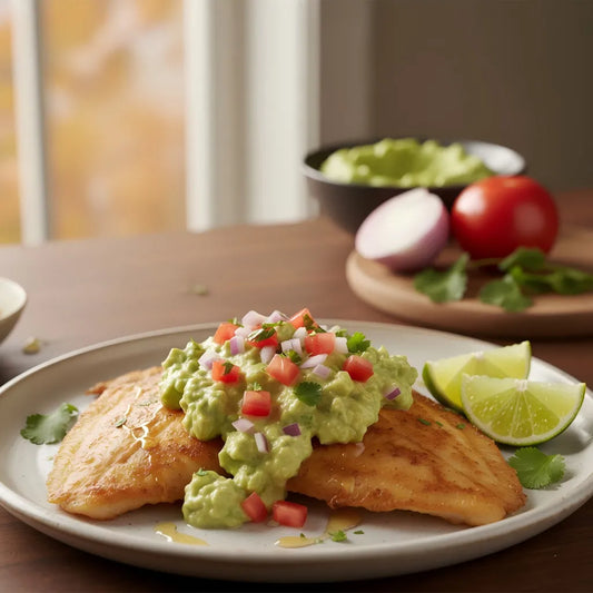 Mexican Pan-Fried Flounder with Creamy Avocado Sauce