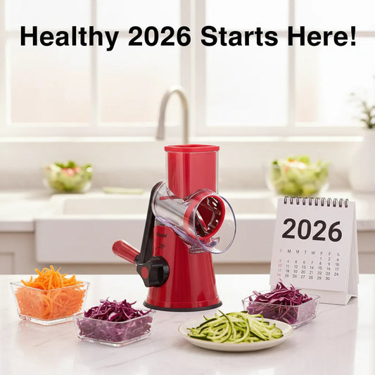 2026 New Year healthy meal prep with Geedel Rotary Cheese Grater and colorful shredded veggies