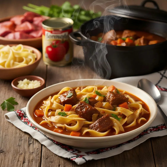 Hungarian Gulyás Beef Stew with Egg Noodles