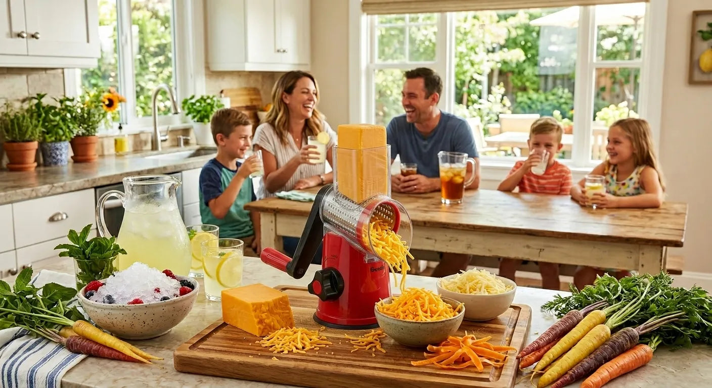 Geedel Rotary Cheese Grater on a sunny kitchen counter with fresh cheddar, colorful carrots, and shaved ice. Happy family enjoying summer drinks in the background.