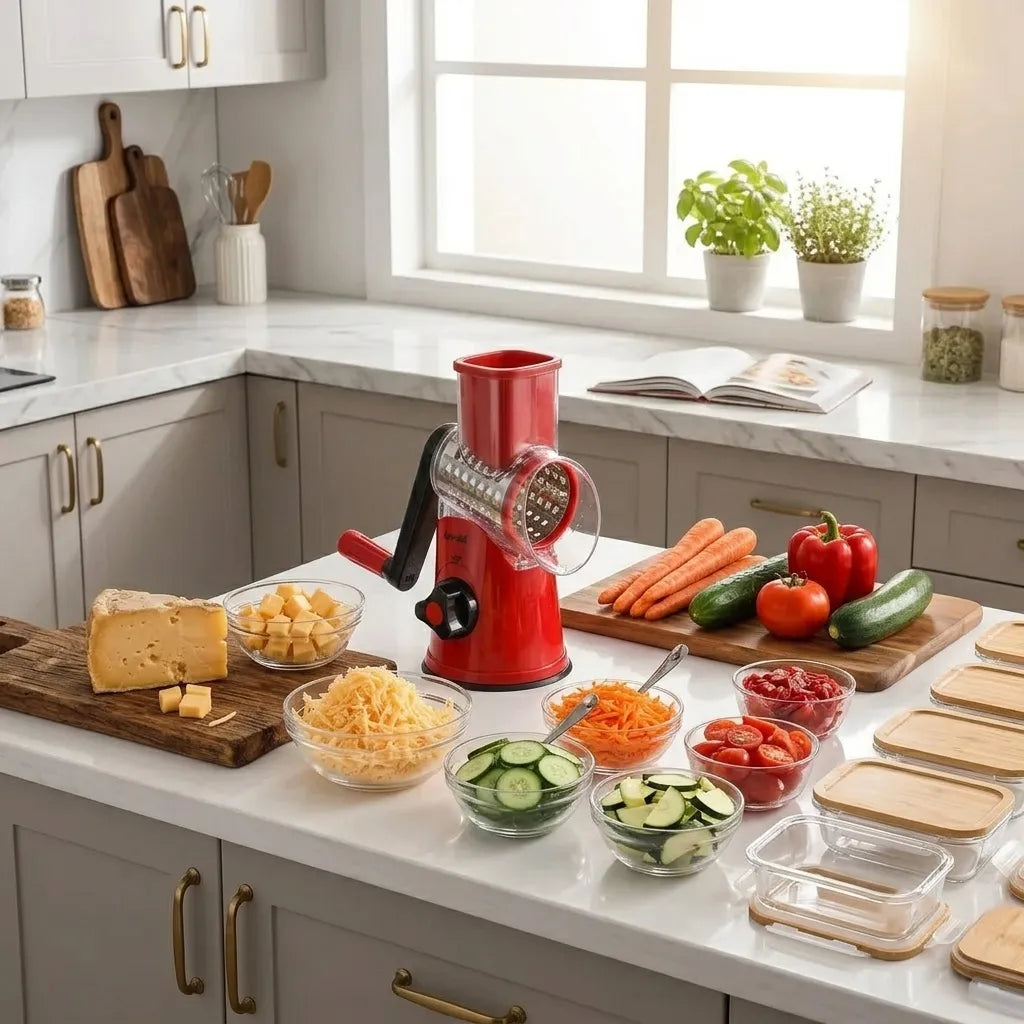 Bright Sunday morning kitchen with glass meal prep containers, fresh produce on a wooden cutting board, and a rotary cheese grater at the center with shredded cheese and sliced vegetables ready to portion.
