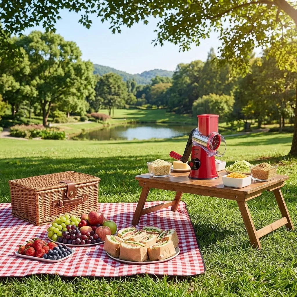 Geedel Rotary Cheese Grater on a side table at a bright outdoor picnic on a red-and-white checkered blanket with fresh fruits, sandwiches, and a wicker basket.