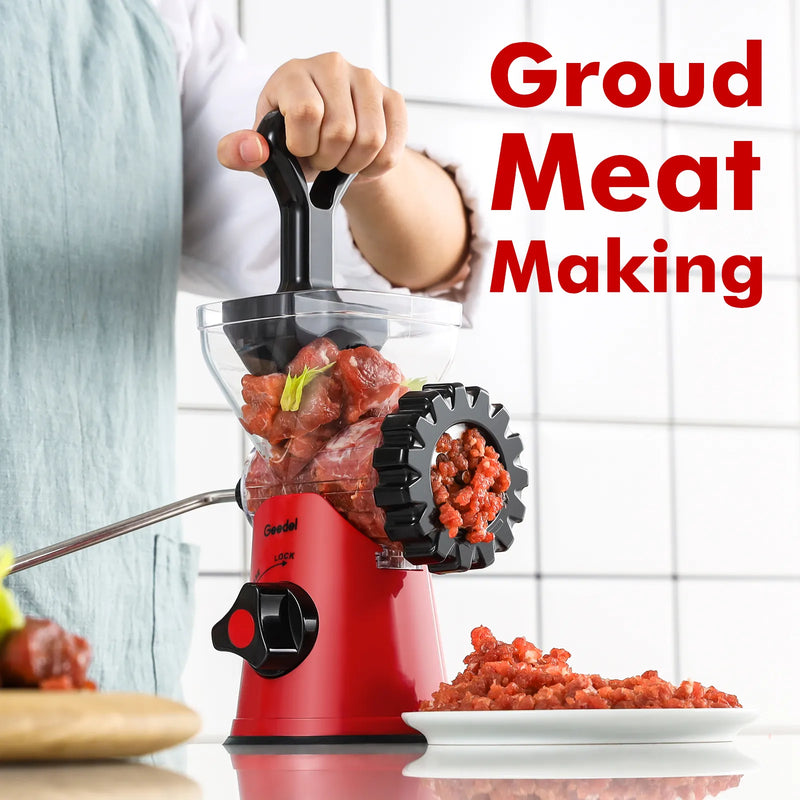 Picadora de carne manual Geedel: tritura sin esfuerzo en casa con 2 cuchillas intercambiables de acero inoxidable y fácil limpieza.