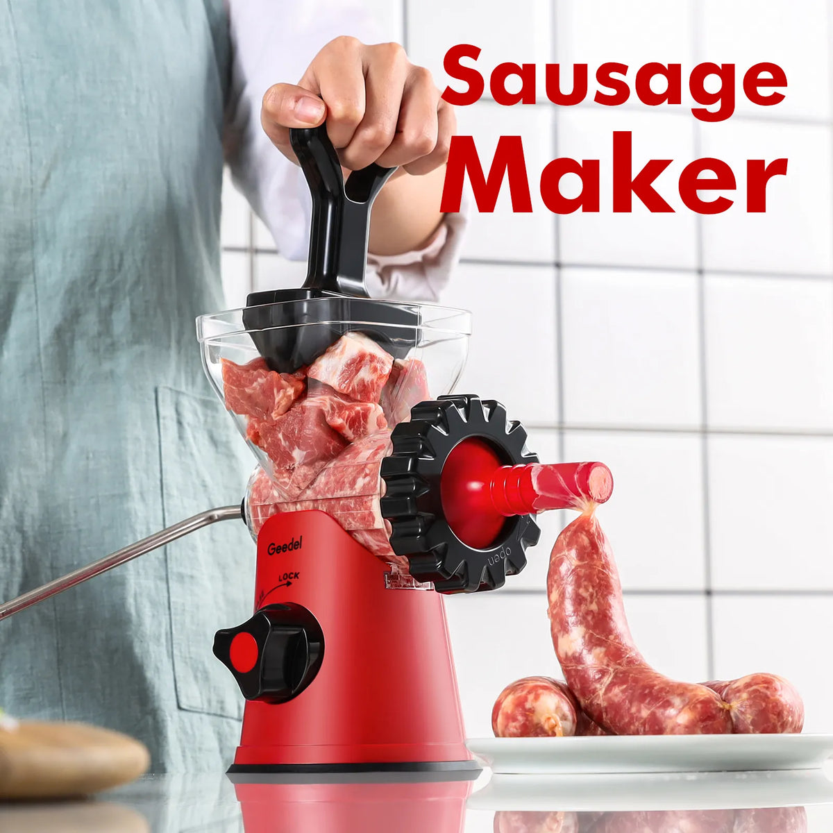 Picadora de carne manual Geedel: tritura sin esfuerzo en casa con 2 cuchillas intercambiables de acero inoxidable y fácil limpieza.