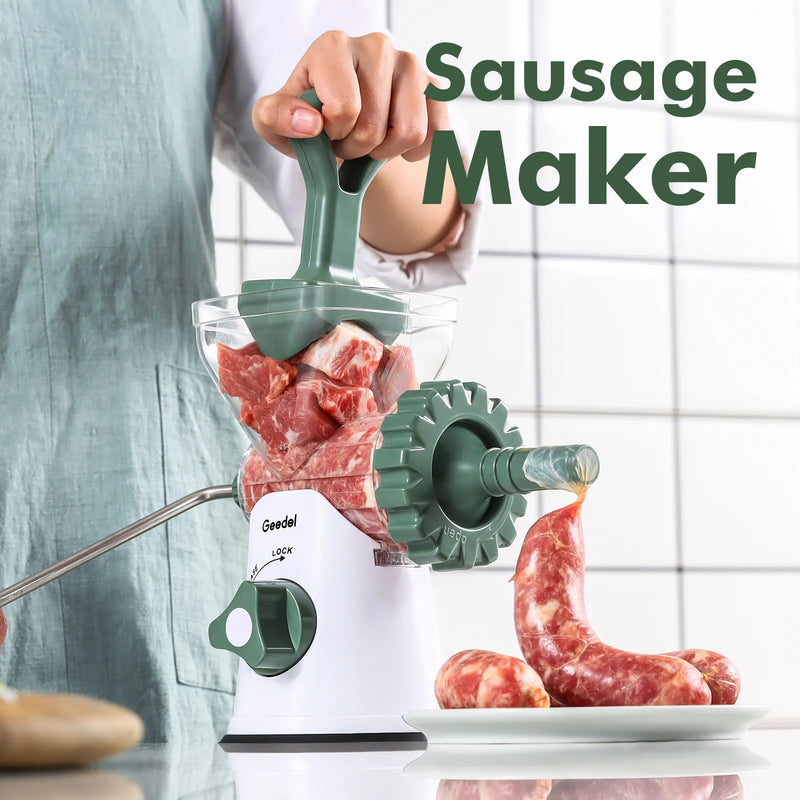Picadora de carne manual Geedel: tritura sin esfuerzo en casa con 2 cuchillas intercambiables de acero inoxidable y fácil limpieza.
