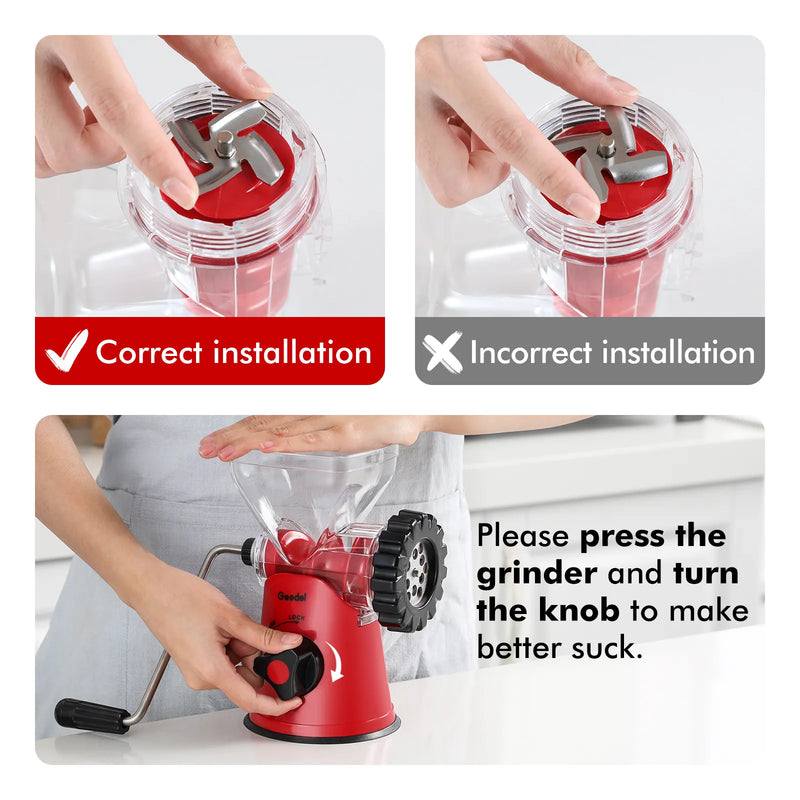 Picadora de carne manual Geedel: tritura sin esfuerzo en casa con 2 cuchillas intercambiables de acero inoxidable y fácil limpieza.