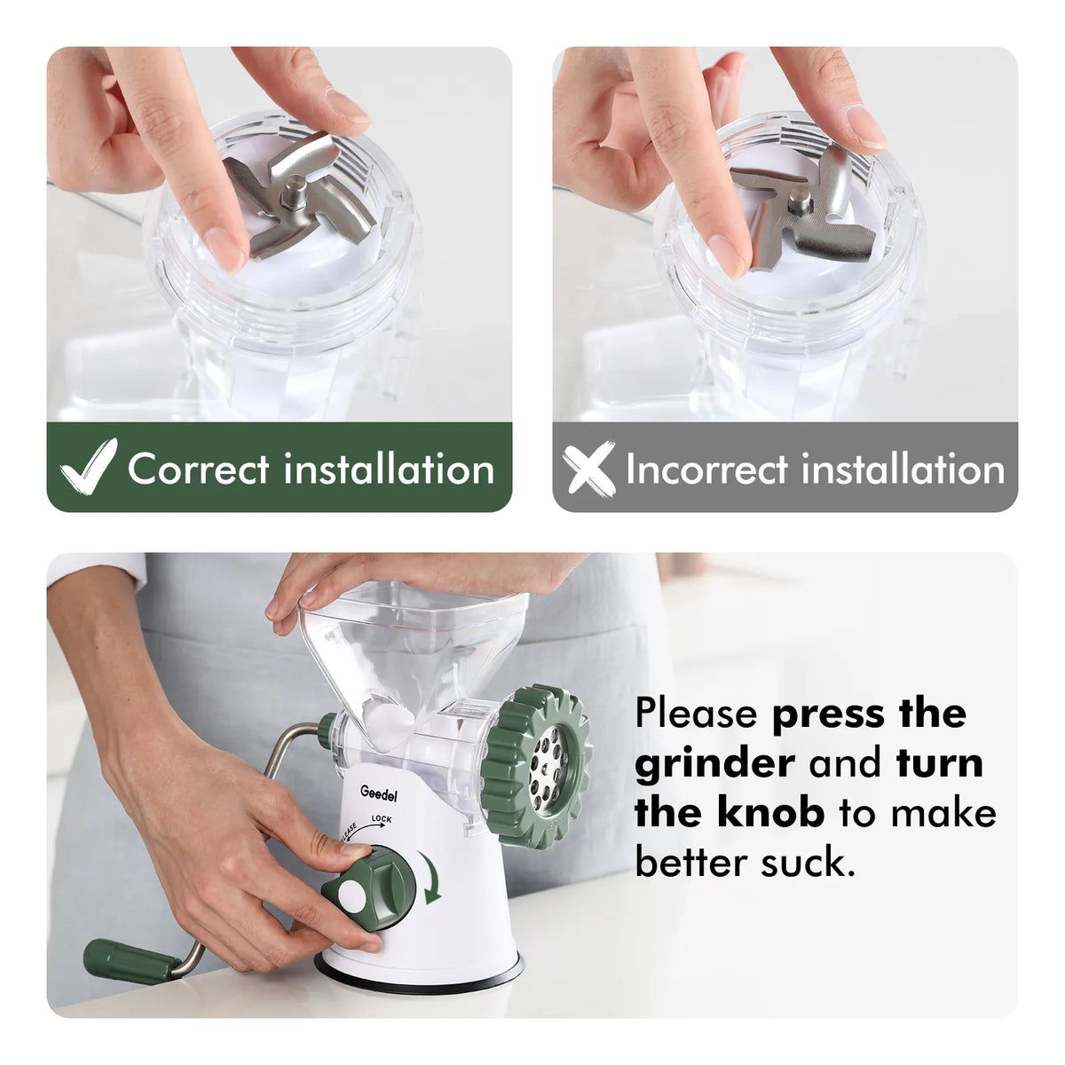 Picadora de carne manual Geedel: tritura sin esfuerzo en casa con 2 cuchillas intercambiables de acero inoxidable y fácil limpieza.
