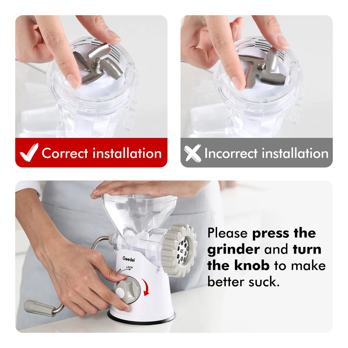 Picadora de carne manual Geedel: tritura sin esfuerzo en casa con 2 cuchillas intercambiables de acero inoxidable y fácil limpieza.