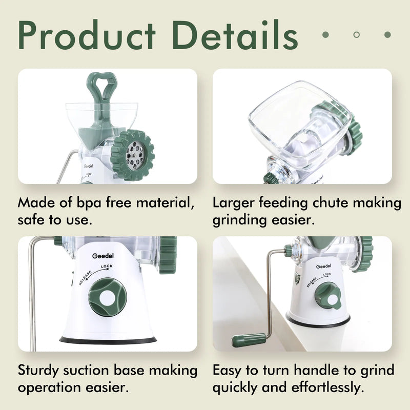 Picadora de carne manual Geedel: tritura sin esfuerzo en casa con 2 cuchillas intercambiables de acero inoxidable y fácil limpieza.