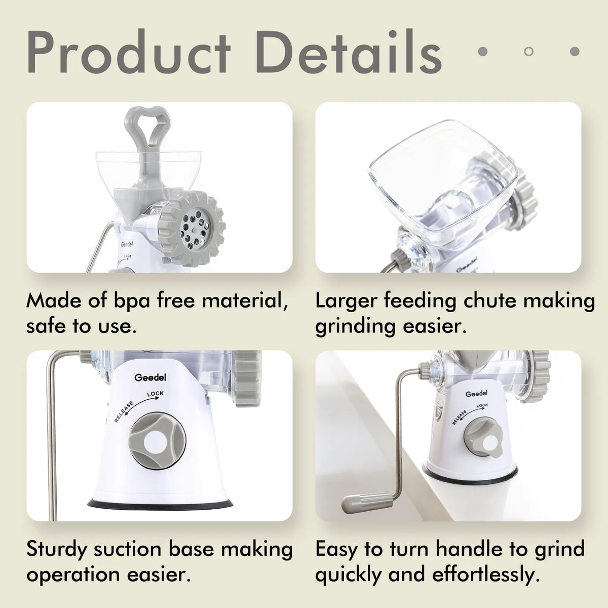 Picadora de carne manual Geedel: tritura sin esfuerzo en casa con 2 cuchillas intercambiables de acero inoxidable y fácil limpieza.