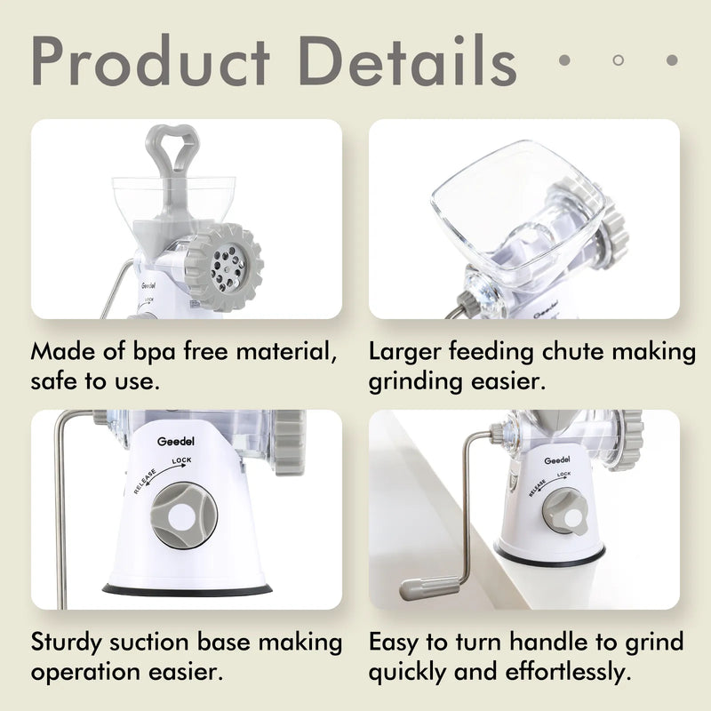 Picadora de carne manual Geedel: tritura sin esfuerzo en casa con 2 cuchillas intercambiables de acero inoxidable y fácil limpieza.