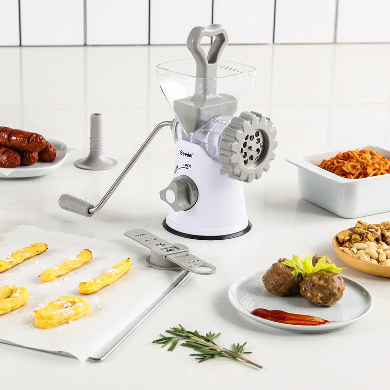 Picadora de carne manual Geedel: tritura sin esfuerzo en casa con 2 cuchillas intercambiables de acero inoxidable y fácil limpieza.