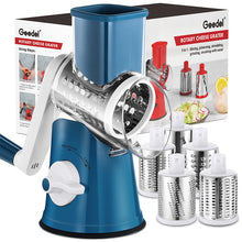 Cargar imagen en el visor de la galería, Geedel Rotary Cheese Grater Cheese Shredder - Upgraded 5-in-1 Cheese Grater with Handle and Strong Suction Base, Multi-purpose Vegetable Slicer Ice Shaver Nuts Grinder for Ice, Vegetables, Fruit, Nuts
