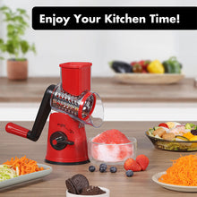 Cargar imagen en el visor de la galería, Geedel Rotary Cheese Grater Cheese Shredder - Upgraded 5-in-1 Cheese Grater with Handle and Strong Suction Base, Multi-purpose Vegetable Slicer Ice Shaver Nuts Grinder for Ice, Vegetables, Fruit, Nuts
