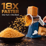 Geedel manual rotary cheese shredder grating fresh cheddar in motion �� blue model with ergonomic hand crank and suction base, shredded cheese flying into bowl for fast family meal prep