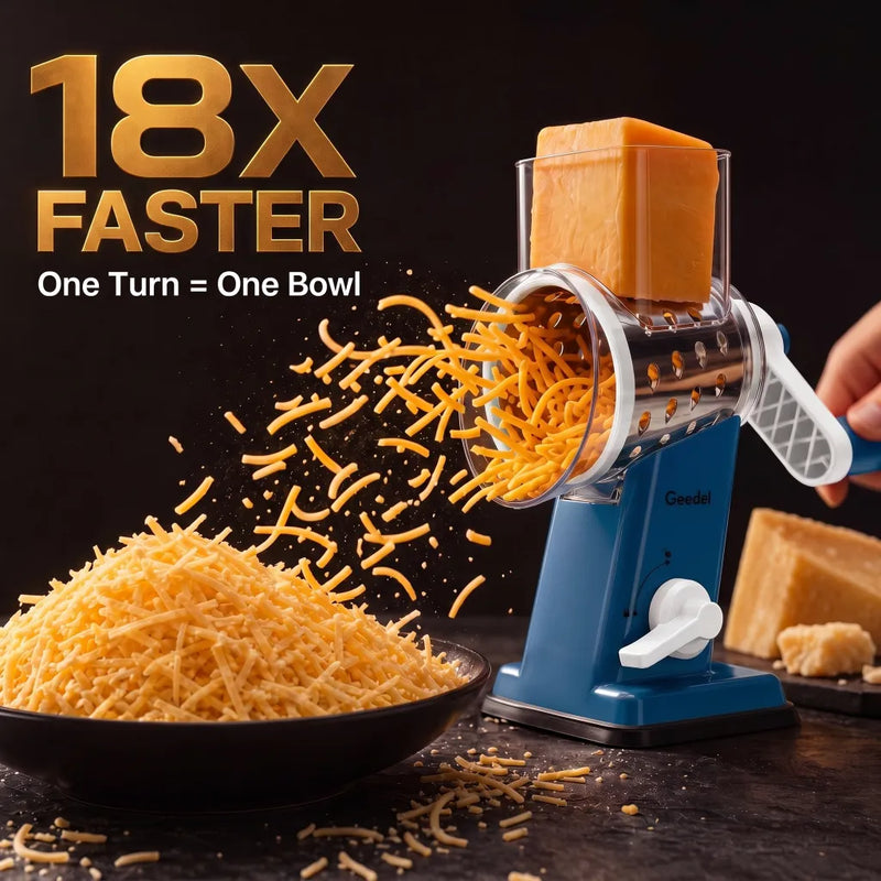 Geedel manual rotary cheese shredder grating fresh cheddar in motion �� blue model with ergonomic hand crank and suction base, shredded cheese flying into bowl for fast family meal prep