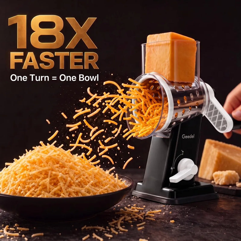 Geedel hand crank rotary cheese grater shredding cheddar cheese with explosive speed �� black model fills one bowl per turn, 18X faster than traditional box graters for effortless shredding