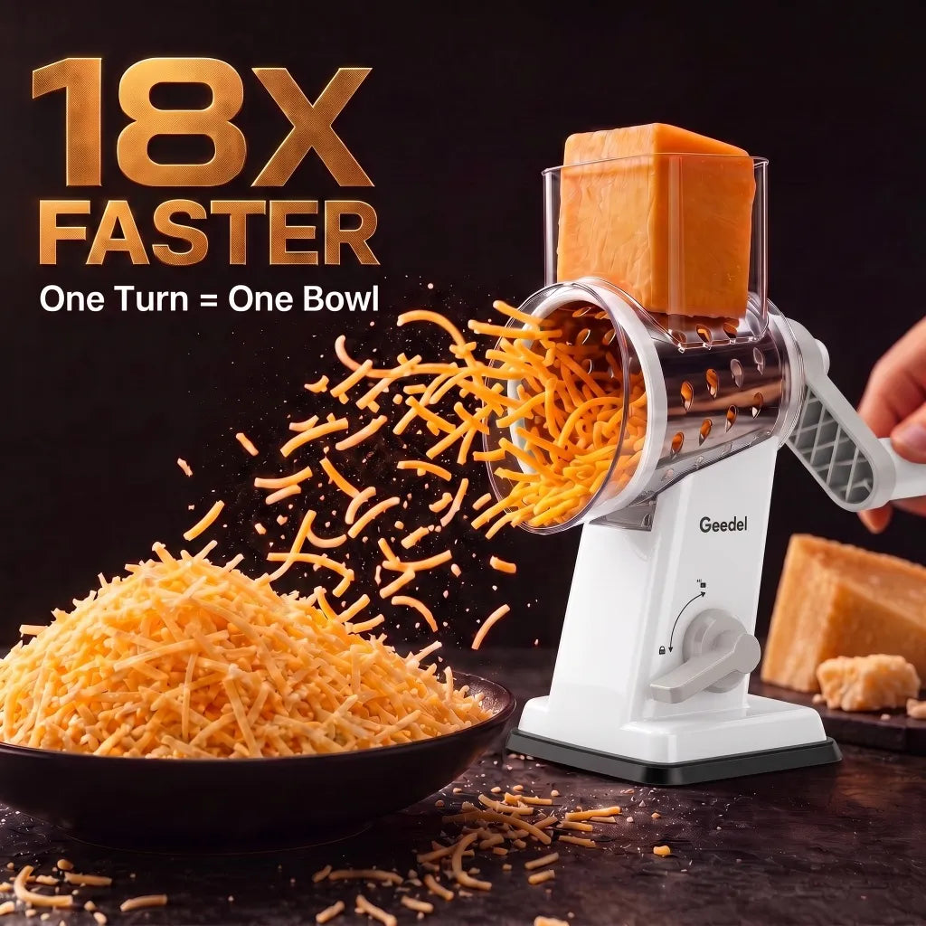 Geedel rotary cheese grater slicing potatoes and vegetables 18 times faster �� white model with stainless steel drum producing uniform slices into a bowl, one turn equals one bowl for quick meal prep