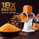 Geedel rotary cheese grater slicing potatoes and vegetables 18 times faster �� white model with stainless steel drum producing uniform slices into a bowl, one turn equals one bowl for quick meal prep