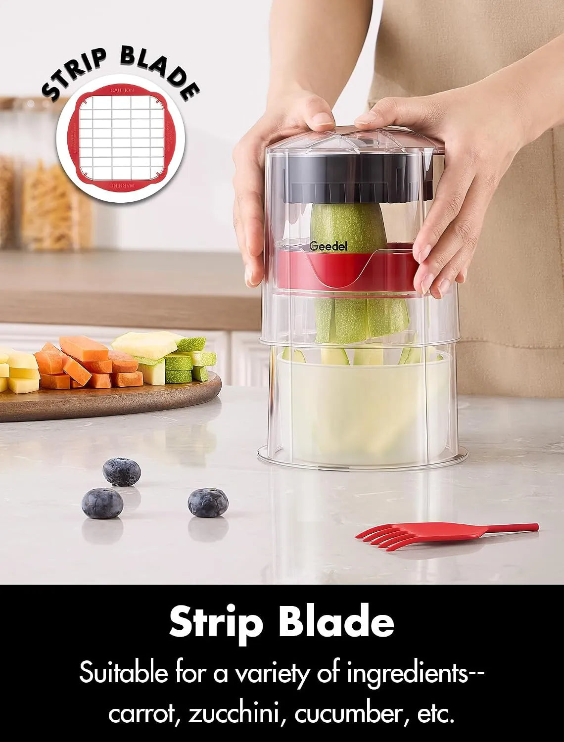 Geedel French fry cutter cutting potatoes into perfect 3/8-inch homemade fries