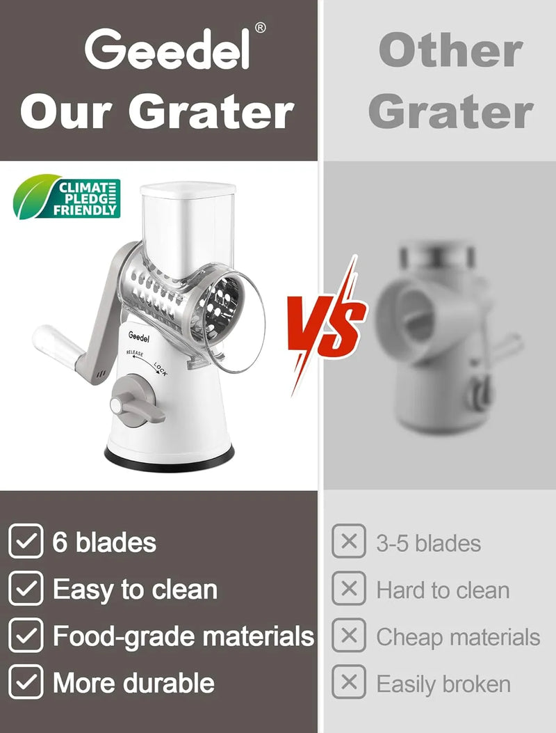 Geedel Rotary Cheese Grater, Fast Cheese Shredder & Vegetable Cutter for Easy Meal Prep, Safe Rotary Grater with No-Slip Suction Base, 5 Blades