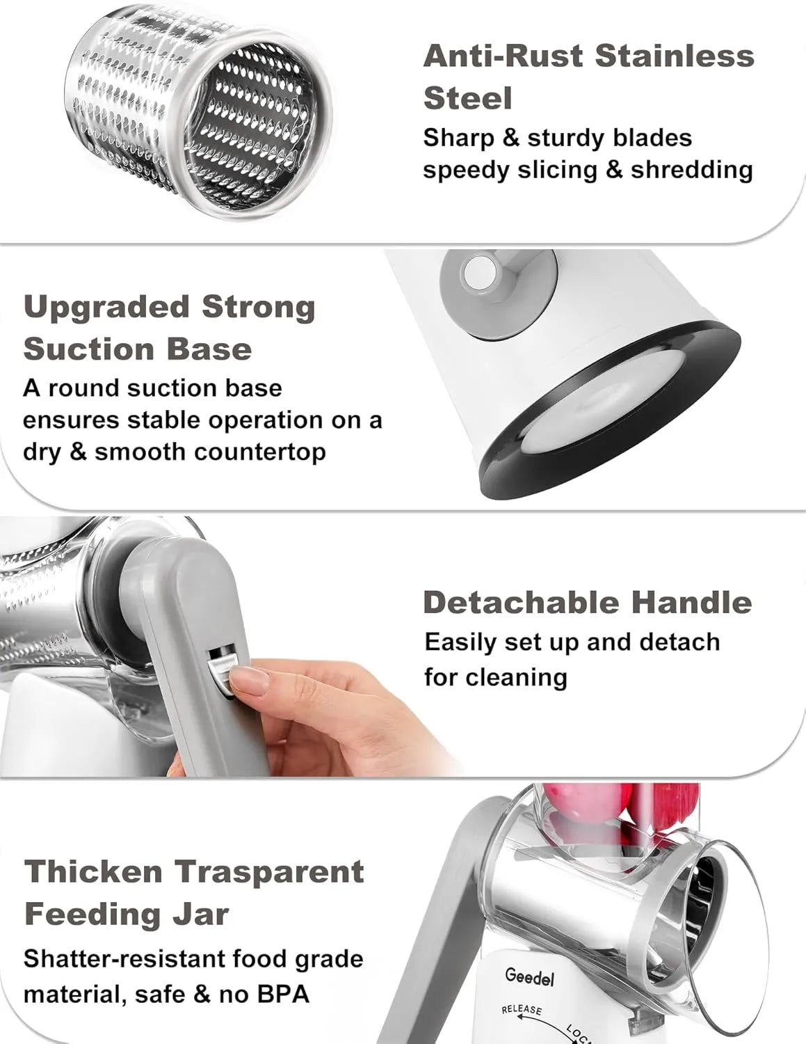 Geedel Rotary Cheese Grater, Fast Cheese Shredder & Vegetable Cutter for Easy Meal Prep, Safe Rotary Grater with No-Slip Suction Base, 5 Blades