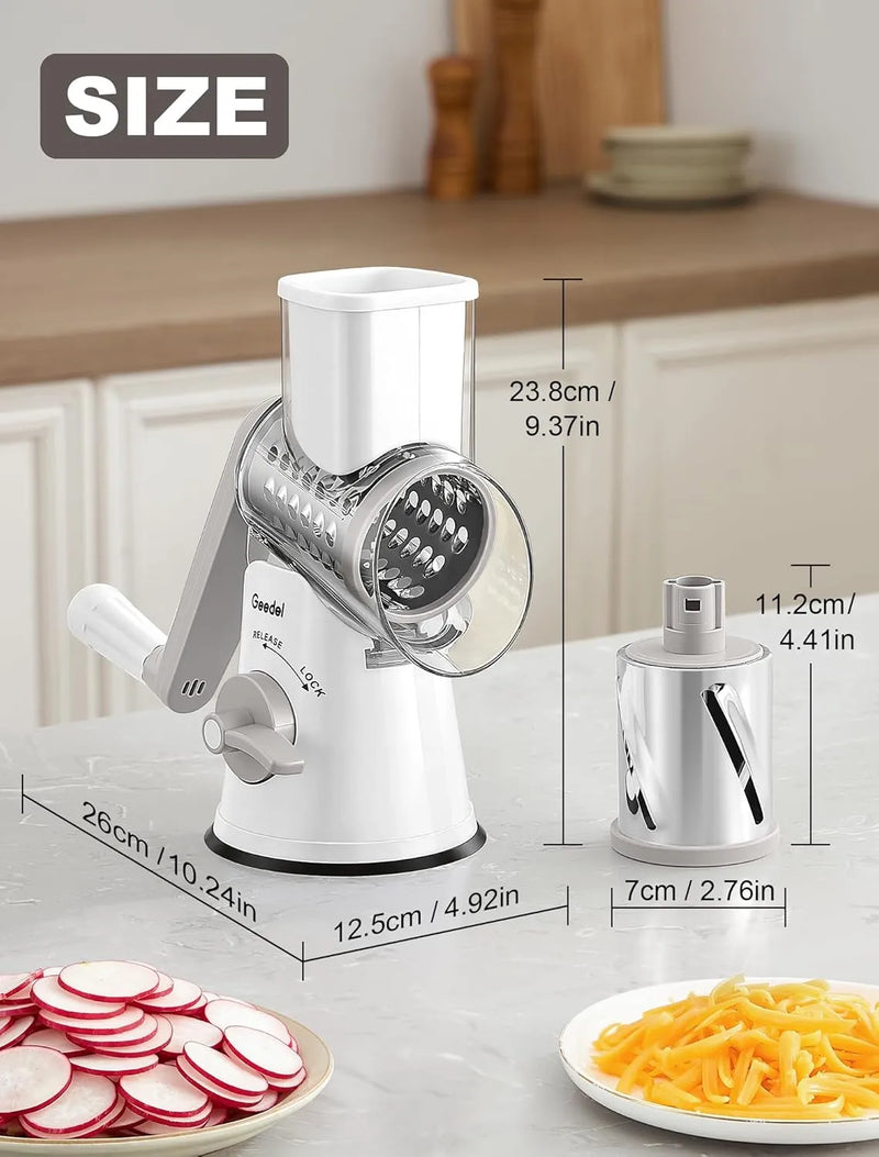 Geedel Rotary Cheese Grater, Fast Cheese Shredder & Vegetable Cutter for Easy Meal Prep, Safe Rotary Grater with No-Slip Suction Base, 5 Blades
