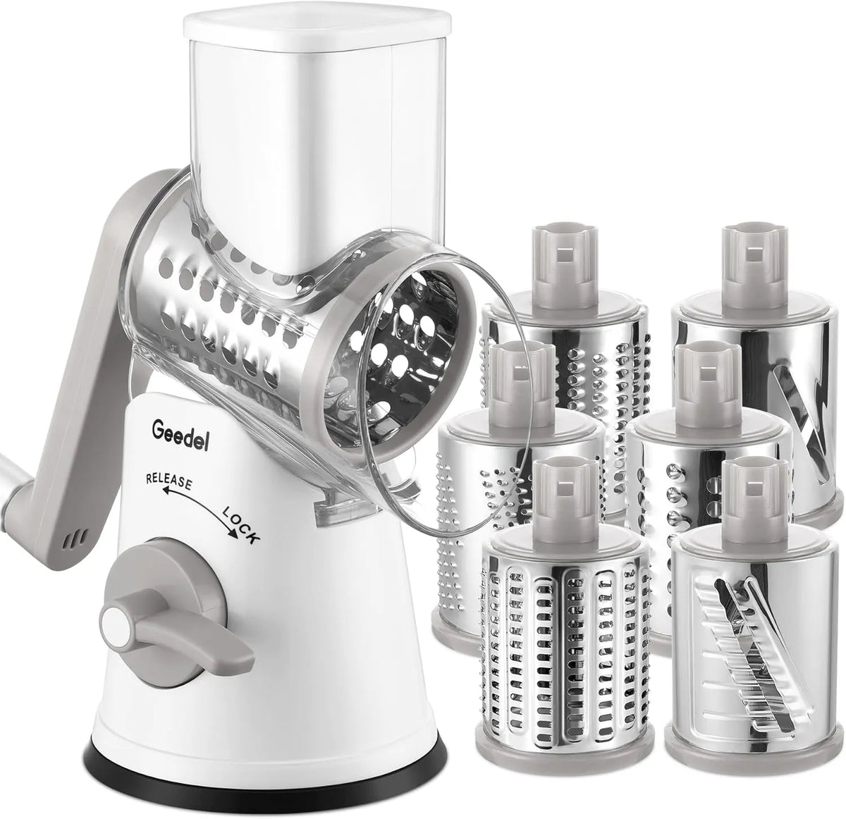 Geedel Rotary Cheese Grater, Fast Cheese Shredder & Vegetable Cutter for Easy Meal Prep, Safe Rotary Grater with No-Slip Suction Base, 5 Blades