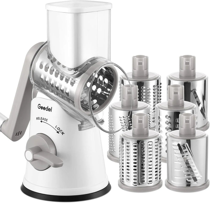Geedel Rotary Cheese Grater, Fast Cheese Shredder & Vegetable Cutter for Easy Meal Prep, Safe Rotary Grater with No-Slip Suction Base, 5 Blades