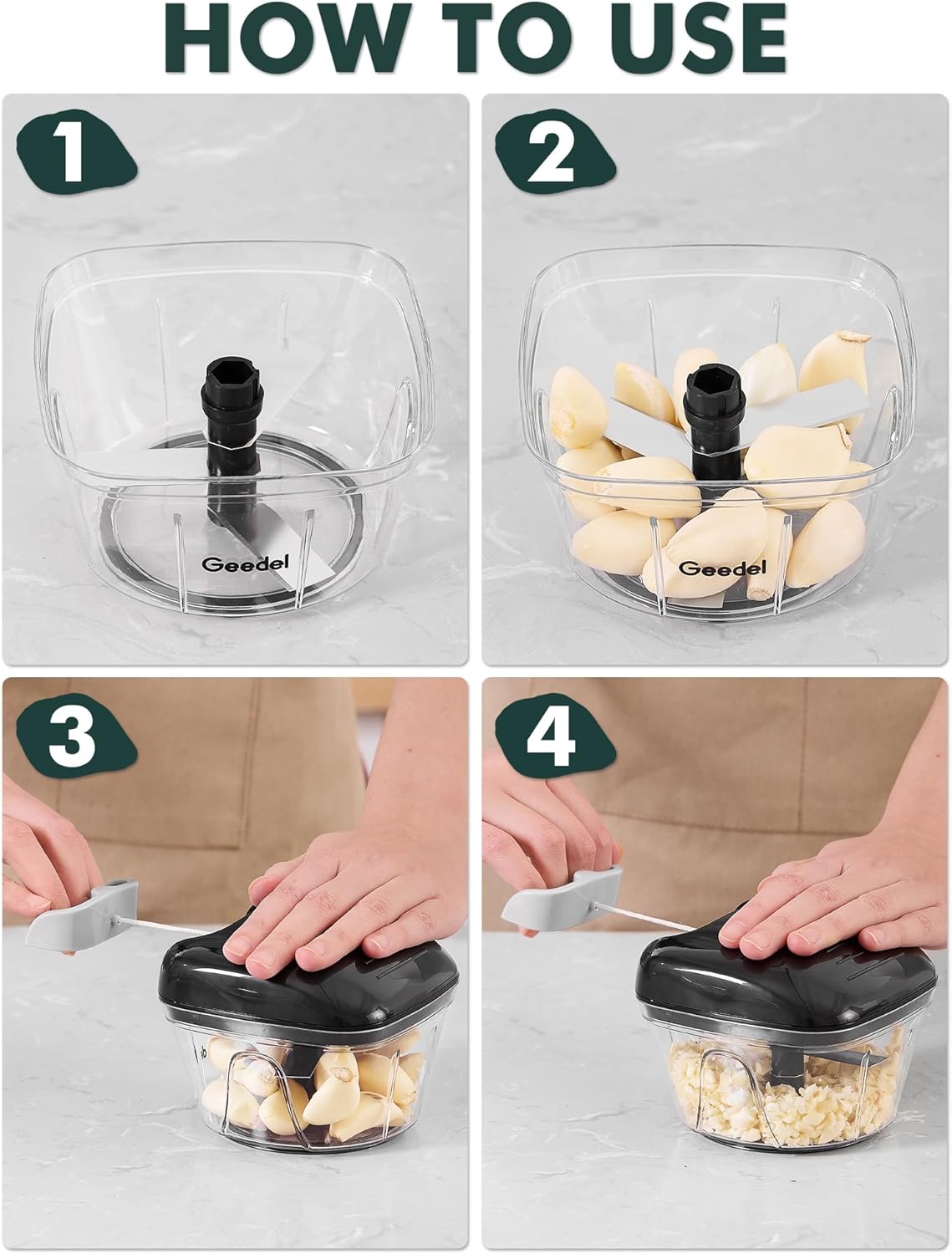 Geedel Pull Chopper, Manual Food Processor Chopper, Vegetable Chopper, Onion Chopper for Vegetables, Fruits, Nuts, Salad, and Herbs 2 Cup Capacity