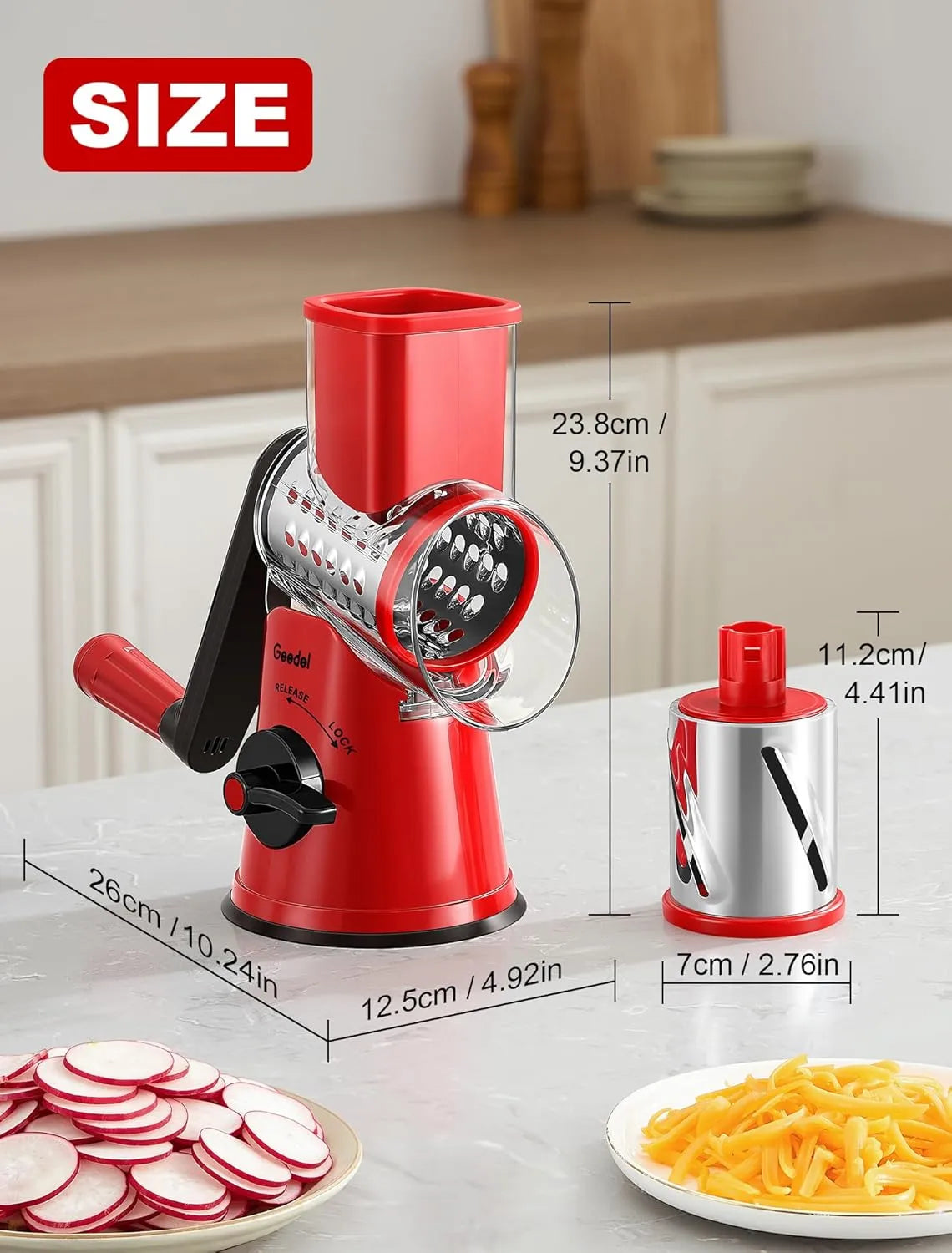Geedel Rotary Cheese Grater, Fast Cheese Shredder & Vegetable Cutter for Easy Meal Prep, Safe Rotary Grater with No-Slip Suction Base, 5 Blades