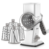 Geedel 4-in-1 rotary cheese grater with interchangeable stainless steel drums — fine shred, coarse shred, slice, and wavy cut blades for cheese, vegetables, nuts, and chocolate