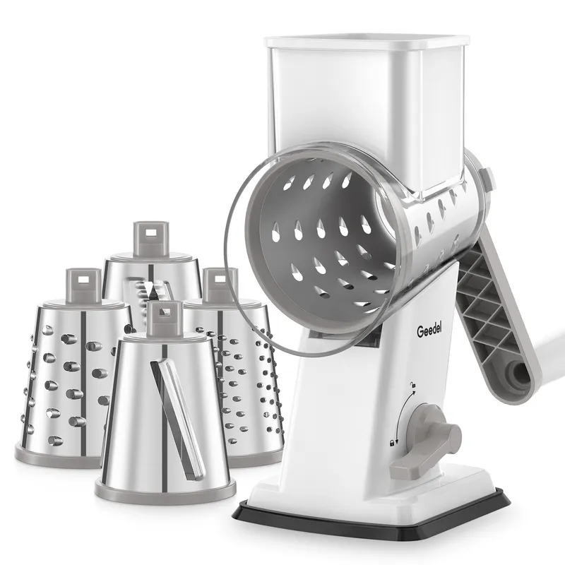 Geedel 4-in-1 rotary cheese grater with interchangeable stainless steel drums — fine shred, coarse shred, slice, and wavy cut blades for cheese, vegetables, nuts, and chocolate