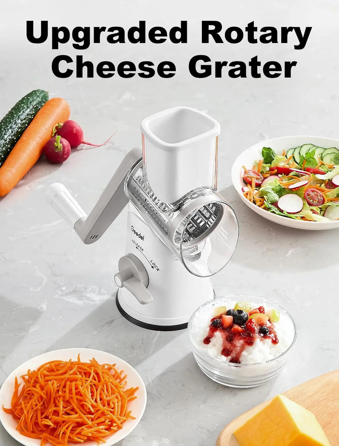 Geedel Rotary Cheese Grater, Fast Cheese Shredder & Vegetable Cutter for Easy Meal Prep, Safe Rotary Grater with No-Slip Suction Base, 5 Blades
