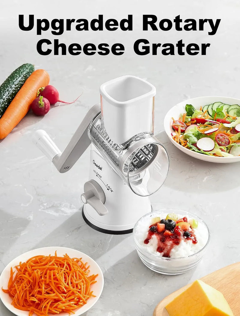 Geedel Rotary Cheese Grater, Fast Cheese Shredder & Vegetable Cutter for Easy Meal Prep, Safe Rotary Grater with No-Slip Suction Base, 5 Blades