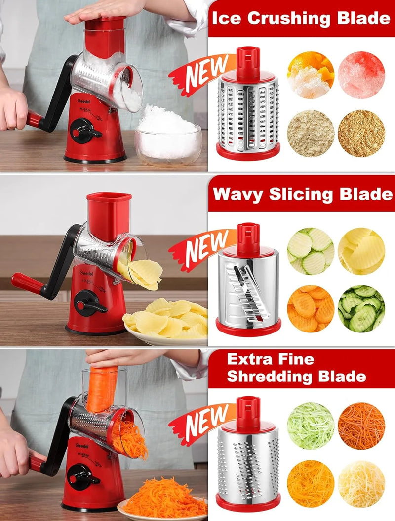Geedel Rotary Cheese Grater, Fast Cheese Shredder & Vegetable Cutter for Easy Meal Prep, Safe Rotary Grater with No-Slip Suction Base, 5 Blades