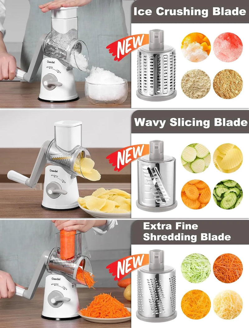 Geedel Rotary Cheese Grater, Fast Cheese Shredder & Vegetable Cutter for Easy Meal Prep, Safe Rotary Grater with No-Slip Suction Base, 5 Blades