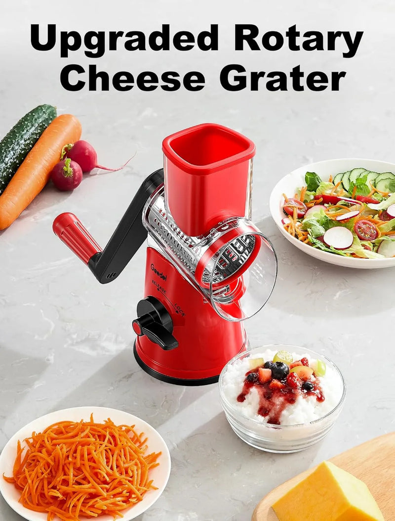 Geedel Rotary Cheese Grater, Fast Cheese Shredder & Vegetable Cutter for Easy Meal Prep, Safe Rotary Grater with No-Slip Suction Base, 5 Blades